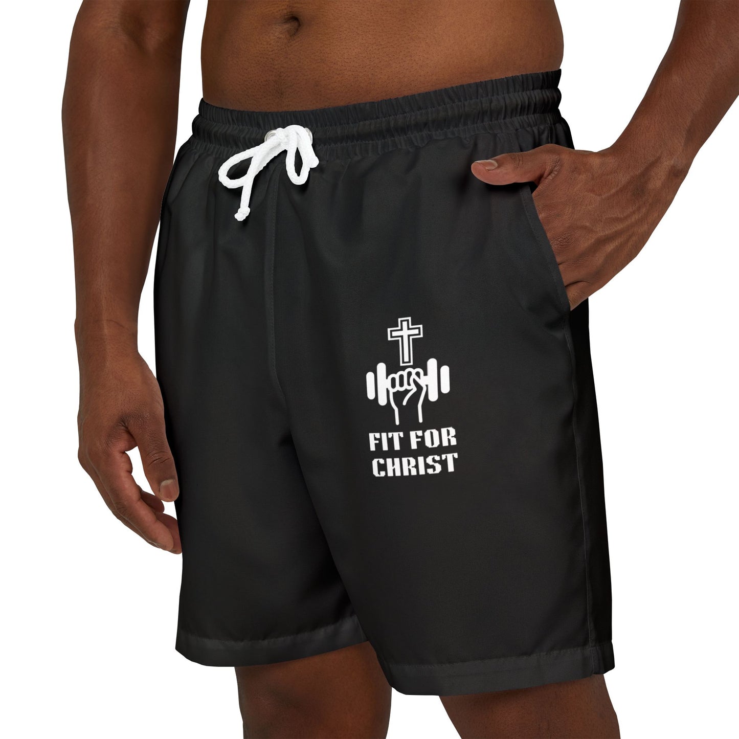 Fitness-Inspired Unisex Swim Shorts - 'Fit for Christ' Graphic, Beachwear, Summer Swimming, Active Lifestyle, Christian Gift